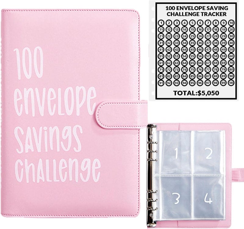 AASLOB 100 Envelopes Money Saving Challenge, 100 Envelope Challenge Binder, Easy and Fun Way to Save $5,050, Savings Challenges Budget Book Binder with Cash Envelopes for Office,Home,School (Pink) - Image 1